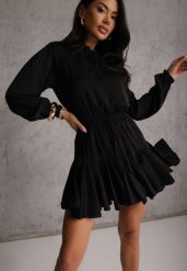 Czarna Sukienka z Wiskozą o Rozkloszowanym Kroju z Falbankami i Wiązaniem Meriianes. Czarne sukienki dla dziewczynek Renee, bez wzorów, z wiskozy, eleganckie, bez ramiączek. Za 129.99 zł.