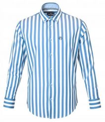 Biała, Lekko Taliowana Koszula Męska - Pako Jeans - Niebieski Prążek. Niebieskie koszule męskie Pako Jeans, l, bez wzorów, z bawełny, casualowe, bez kołnierzyka, bez ramiączek. Za 199.00 zł.