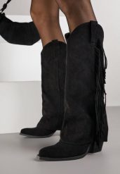 Czarne Kozaki Kowbojki na Obcasie z Wywiniętą Cholewką z Frędzlami Monasatia. Czarne kozaki damskie Born2be, z dzianiny, bez obcasa, na obcasie. Za 179.99 zł.