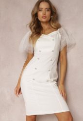 Biała Sukienka Trypheira. Białe sukienki damskie Renee, m, bez wzorów, z bawełny, eleganckie, bez kołnierzyka, bez ramiączek, midi, dopasowane. Za 49.99 zł.