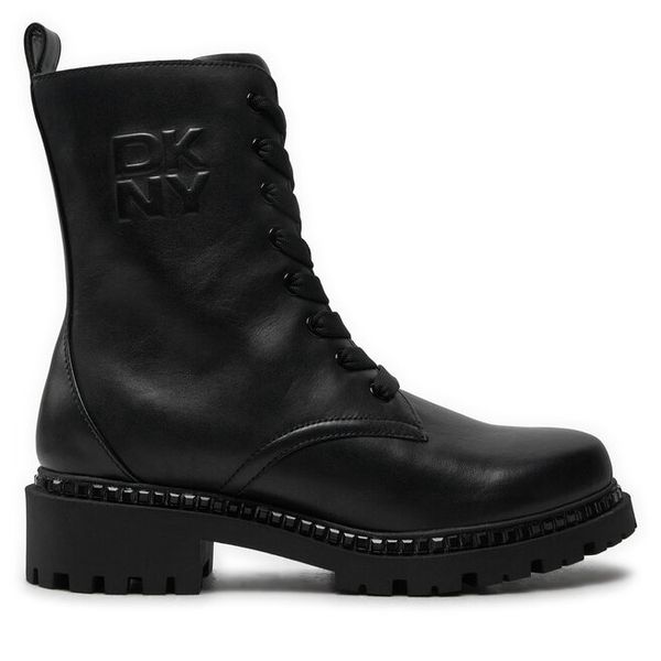 Trzewiki DKNY. Czarne botki damskie DKNY, bez obcasa, na płaskiej podeszwie, bez zapięcia. Za 709.99 zł.