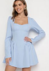 Niebieska Koktajlowa Sukienka o Rozkloszowanym Kroju z Falbankami i Gorsetem Farian. Niebieskie sukienki damskie Born2be, na spotkanie biznesowe, l, bez wzorów, eleganckie, bez kołnierzyka, bez ramiączek, mini, gorsetowe. Za 129.99 zł.