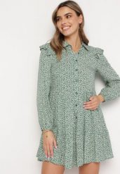 Zielona Rozkloszowana Sukienka Mini w Kwiaty z Falbankami na Ramionach Lorean. Zielone sukienki dla dziewczynek Born2be, na lato, bez wzorów, z materiału, eleganckie, bez ramiączek. Za 69.99 zł.