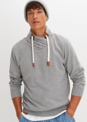 Bluza z szalowym kołnierzem z detalami z imitacji skóry. Szare bluzy męskie bonprix, m, bez wzorów, ze skóry, bez kaptura. Za 109.99 zł.