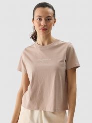 4F T-shirt regular z nadrukiem damski - beżowy M. Brązowe koszulki sportowe damskie 4f, m, bez wzorów, z bawełny, sportowe, bez kołnierzyka. W wyprzedaży za 29.99 zł.