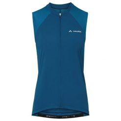 Damski dżersej bez rękawów VAUDE Matera. Niebieskie koszulki sportowe damskie Vaude, bez wzorów, z dżerseju, bez kołnierzyka, bez ramiączek, rowerowe. Za 284.05 zł.
