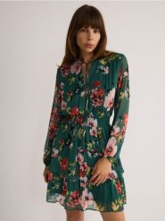 Wzorzysta sukienka mini - zielony. Zielone sukienki damskie Reserved, l, bez wzorów, z tkaniny, bez kołnierzyka, bez ramiączek, mini, rozkloszowane. W wyprzedaży za 69.99 zł.