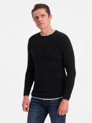 Bawełniany sweter męski z okrągłym dekoltem - czarny V1 OM-SWSW-0103 - XXL. Czarne swetry przez głowę męskie Ombre Clothing, l, bez wzorów, z bawełny, bez kołnierzyka. W wyprzedaży za 69.99 zł.