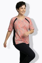 Damskie T-shirt liście siateczka dekolt w szpic rękaw 1/2 z recyklingu. Brązowe t-shirty damskie Ulla Popken, plus size, bez wzorów, z dżerseju, bez kołnierzyka. Za 199.99 zł.
