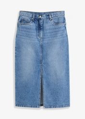 Spódnica dżinsowa z rozcięciem. Niebieskie spódnice damskie bonprix, bez wzorów, eleganckie, midi. Za 139.99 zł.