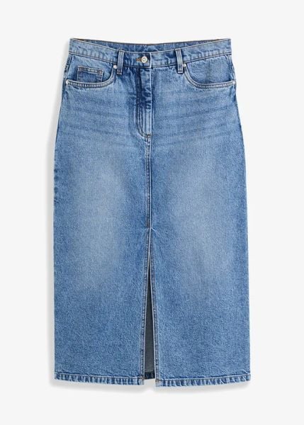 Spódnica dżinsowa z rozcięciem. Niebieskie spódnice damskie bonprix, bez wzorów, eleganckie, midi. Za 139.99 zł.