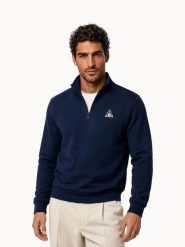 Bluza dresowa 1/4 zip Le Coq Sportif Essentiel N°1. Niebieskie bluzy sportowe męskie le coq sportif, xl, z aplikacjami, z bawełny, bez kaptura. Za 366.50 zł.