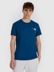 4F T-shirt regular z nadrukiem męski - turkusowy XL. Niebieskie koszulki sportowe męskie 4f, m, bez wzorów, z bawełny, bez kołnierzyka, bez ramiączek. Za 49.99 zł.