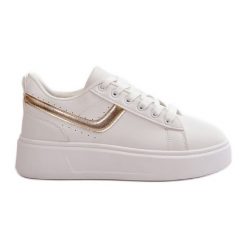 Trampki Sneakersy Damskie Na Platformie Z Eko Skóry Biało-Złote Brennessa białe. Białe trampki i tenisówki damskie bez wzorów, ze skóry, klasyczne, bez zapięcia. Za 115.92 zł.