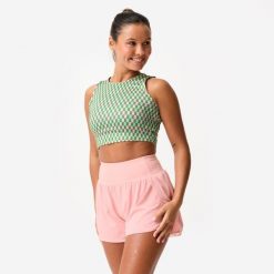 Koszulka fitness damska Domyos bez rękawów crop top. Koszulki sportowe damskie DOMYOS, l, bez wzorów, z elastanu, bez kołnierzyka, bez ramiączek, na fitness i siłownię. Za 32.49 zł.