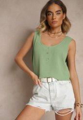 Jasnozielony Top z Bawełną Ozdobiony Guzikami Ulosiella. Zielone bluzki damskie Renee, na lato, l, bez wzorów, z bawełny, eleganckie, bez kołnierzyka, bez ramiączek. Za 34.99 zł.