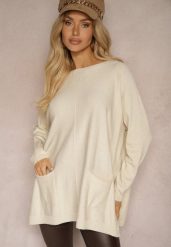 Jasnobeżowy Sweter z Wiskozą o Klasycznym Fasonie z Kieszonkami i Rozcięciami Nariselle. Brązowe swetry damskie Renee, xl, bez wzorów, z dzianiny, biznesowe, bez kołnierzyka, bez ramiączek, długie, bez kaptura. Za 59.99 zł.