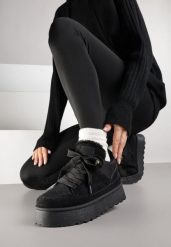 Czarne Sznurowane Sneakersy Śniegowce na Grubej Podeszwie Vamitte. Czarne obuwie sportowe damskie Born2be, bez wzorów, z jeansu, trekkingowe. Za 109.99 zł.