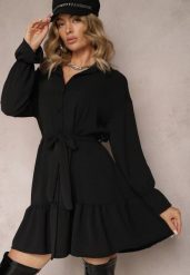 Czarna Koszulowa Sukienka Mini z Falbanką i Wiązanym Paskiem Blisotta. Czarne sukienki damskie Renee, bez wzorów, z materiału, bez kołnierzyka, bez ramiączek, mini, koszulowe. Za 89.99 zł.