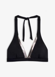 Biustonosz bikini z ramiączkami łączonymi na szyi. Czarne bikini damskie bonprix, bez wzorów. Za 79.99 zł.