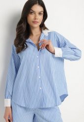 Niebieska Koszula w Paski o Kroju Oversize z Kontrastującymi Wstawkami Menestra. Niebieskie bluzki damskie Born2be, l, bez wzorów, z jeansu, eleganckie, bez kołnierzyka, bez ramiączek. Za 99.99 zł.