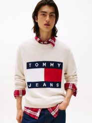 Tommy Jeans Męski sweter z dzianiny Mężczyźni Bawełna beżowy|wielokolorowy wzorzysty, L. Brązowe swetry przez głowę męskie Tommy Jeans, l, bez wzorów, z bawełny, bez kołnierzyka. Za 349.95 zł.