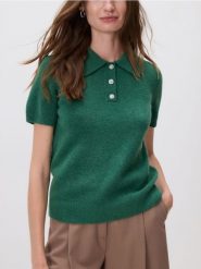 Sweter z kołnierzykiem polo - morski. Zielone swetry damskie Reserved, l, bez wzorów, z dzianiny, bez kołnierzyka, bez ramiączek, bez kaptura. W wyprzedaży za 79.99 zł.