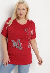 Bordowy T-shirt Ozdobiony Cyrkoniami i Nadrukiem Wallilena. Czerwone bluzki damskie Born2be, xl, bez wzorów, bez kołnierzyka. Za 39.99 zł.