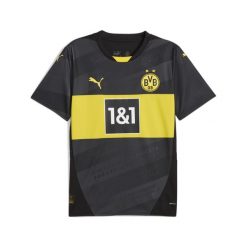 Męska koszulka wyjazdowa Borussia Dortmund 24/25 PUMA Black Faster Yellow. Czarne koszulki sportowe męskie Puma, m, bez wzorów, z poliesteru, bez kołnierzyka, bez ramiączek, do piłki nożnej. Za 454.00 zł.