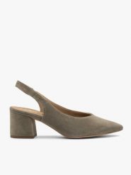 Oliwkowe czółenka damskie slingback. Zielone czółenka damskie Ryłko, bez wzorów, ze skóry, bez obcasa, bez zapięcia. Za 349.99 zł.
