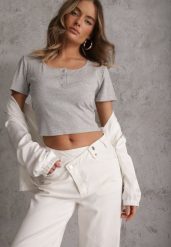 Szary Top z Bawełny Ozdobiony Guzikami przy Dekolcie Nediva. Szare bluzki damskie Renee, m, z aplikacjami, z bawełny, bez kołnierzyka, bez ramiączek. Za 39.99 zł.