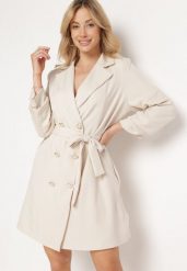 Beżowa Elegancka Sukienka Dwurzędowa w Stylu Marynarki z Materiałowym Paskiem i Marszczonymi Rękawami Weira. Brązowe sukienki damskie Born2be, l, bez wzorów, z materiału, biznesowe. Za 159.99 zł.