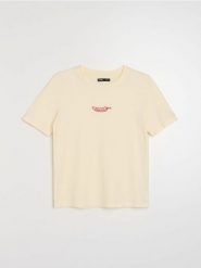 Bawełniana koszulka z haftowanym napisem - żółty. Żółte t-shirty damskie Sinsay, l, bez wzorów, z bawełny, bez kołnierzyka. Za 19.99 zł.