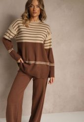 Brązowy Komplet z Dzianiny z Wełną Pasiasty Sweter i Spodnie Ralleia. Brązowe spodnie materiałowe damskie Renee, bez wzorów, z dzianiny. Za 149.99 zł.