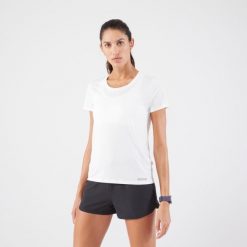 Koszulka do biegania damska Kiprun Run 100. Białe t-shirty damskie KALENJI, xl, bez wzorów, z materiału, sportowe, bez kołnierzyka. Za 29.99 zł.