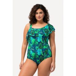 Damski Strój kąpielowy dżungla miękkie miseczki falbana. Niebieskie kostiumy jednoczęściowe damskie Ulla Popken, plus size, bez wzorów, z elastanu, sportowe, plus size, do pływania. Za 244.99 zł.