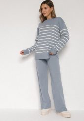 Niebieski Komplet z Wełną i Bawełną Sweter w Paski i Szerokie Spodnie Neveena. Niebieskie spodnie materiałowe damskie Born2be, l, bez wzorów, z bawełny. Za 139.99 zł.