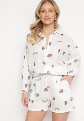 Biały Komplet z Wiskozą Koszula i Szorty z Motywem Morskim Reivienne. Białe koszule damskie Born2be, na lato, m, z aplikacjami, z wiskozy, eleganckie. Za 159.99 zł.