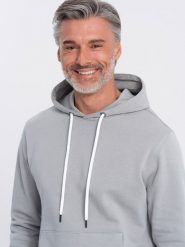 Ombre Męska bluza dresowa kangurka z kapturem - szara V8 OM-SSBN-0177 S. Szare bluzy męskie Ombre, m, bez wzorów, z dresówki, z kapturem. Za 109.99 zł.
