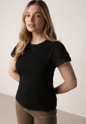 Czarny Bawełniany T-shirt z Koronkowymi Rękawami Carilynore. Czarne bluzki damskie Born2be, m, bez wzorów, z bawełny, casualowe, bez kołnierzyka. Za 59.99 zł.