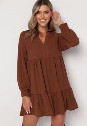 Pomarańczowa Luźna Sukienka Mini z Falbanką i Mankietami na Rękawach Vertecja. Brązowe sukienki damskie Born2be, bez wzorów, bez kołnierzyka, bez ramiączek, mini. Za 79.99 zł.