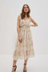 Sukienka midi z falbaną. Sukienki damskie MOODO, l, bez wzorów, z poliesteru, bez kołnierzyka, bez ramiączek, midi. W wyprzedaży za 62.99 zł.