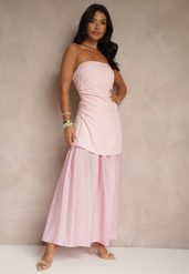 Różowa Sukienka Koktajlowa z Dekoltem Bandeau Ozdobiona Marszczeniem Folimmea. Czerwone sukienki damskie Renee, m, bez wzorów, eleganckie, bez kołnierzyka, bez ramiączek, maxi, kopertowe. Za 119.99 zł.
