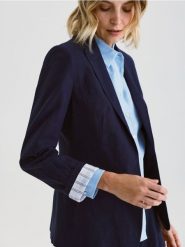 Marynarka z lnem - granatowy. Niebieskie żakiety damskie Reserved, l, bez wzorów, z tkaniny. W wyprzedaży za 159.99 zł.