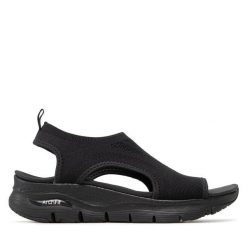 Sandały Skechers. Czarne klapki damskie Skechers, bez wzorów, bez obcasa, na płaskiej podeszwie, bez zapięcia. Za 199.99 zł.