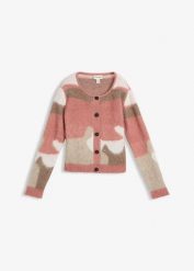 Wzorzysty kardigan zapinany na guziki. Czerwone swetry damskie bonprix, bez wzorów, bez kołnierzyka, bez ramiączek, bez kaptura. Za 124.99 zł.