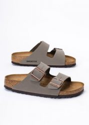 Klapki damskie szare Birkenstock Arizona BFBC. Szare klapki damskie Birkenstock, bez wzorów, klasyczne, bez obcasa. Za 369.99 zł.