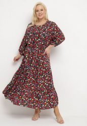 Czarno-Czerwona Wiskozowa Sukienka z Rękawami 3/4 w Kwiecisty Print Trestella. Czarne sukienki damskie Born2be, xl, bez wzorów, z materiału, bez kołnierzyka, bez ramiączek, maxi. Za 89.99 zł.