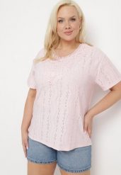 Jasnoróżowy T-shirt Bluzka z Ażurowym Wzorem i Koronką Civina. Czerwone bluzki damskie Born2be, xl, z aplikacjami, z jeansu, eleganckie, bez kołnierzyka. Za 34.99 zł.