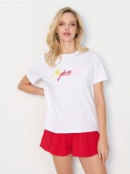 Bawełniana koszulka z napisem Mykonos - biały. Białe t-shirty damskie Sinsay, l, bez wzorów, z bawełny, bez kołnierzyka. W wyprzedaży za 12.99 zł.